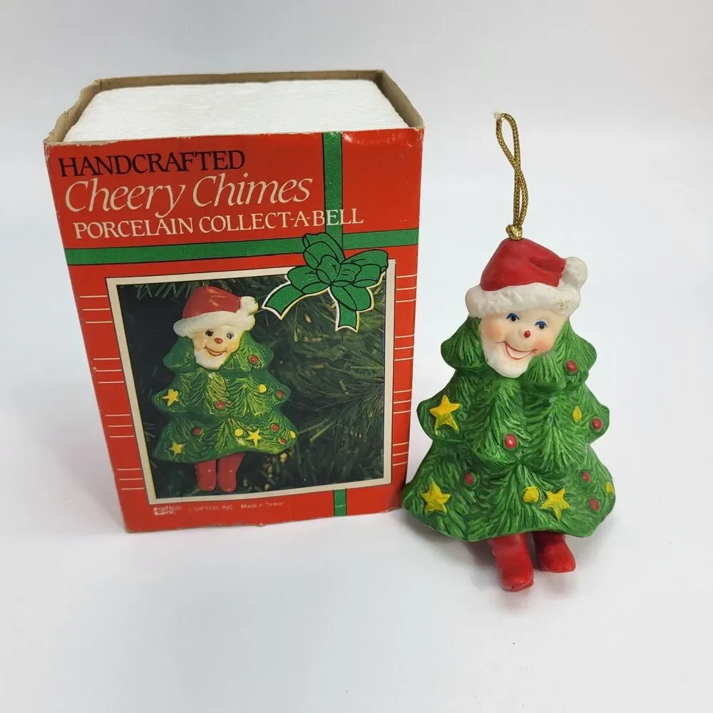 Vintage 1986 Giftco Cheery Chimes Porcelain Christmas Tree Elf Bell Ornament